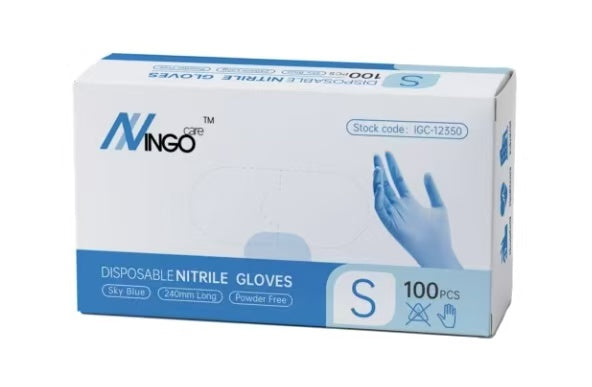 IngoCare Nitrile Gloves – Sky Blue (Powder Free, 100 pcs/box)