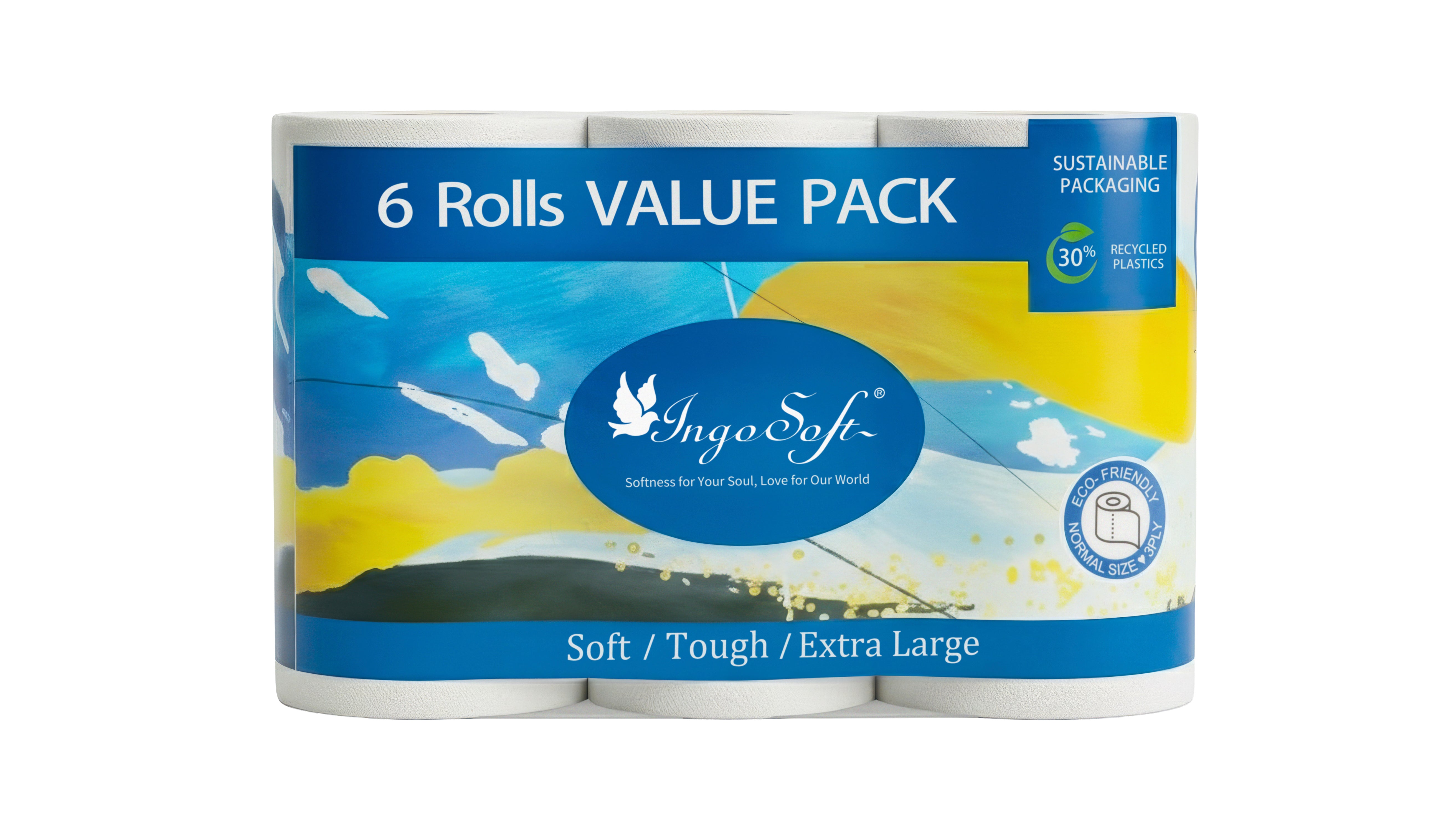 IngoSoft Toilet Paper – 3 Ply (300 sheets, 6 rolls/bag)