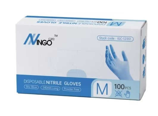IngoCare Nitrile Gloves – Sky Blue (Powder Free, 100 pcs/box)