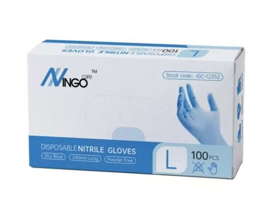 IngoCare Nitrile Gloves – Sky Blue (Powder Free, 100 pcs/box)