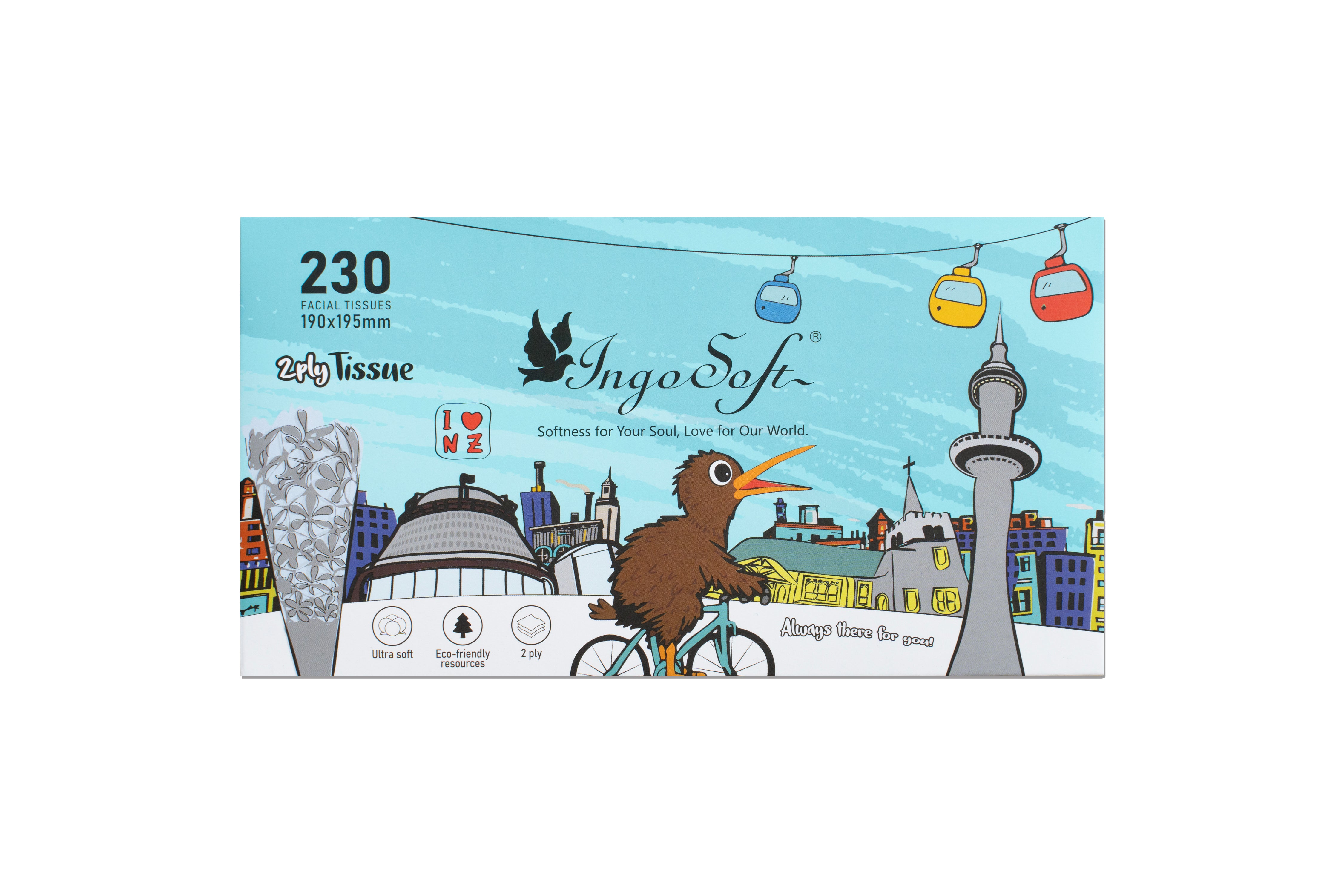 IngoSoft Facial Tissue – NZ City Series, 2-Ply (230 sheets, 24 boxes/carton)